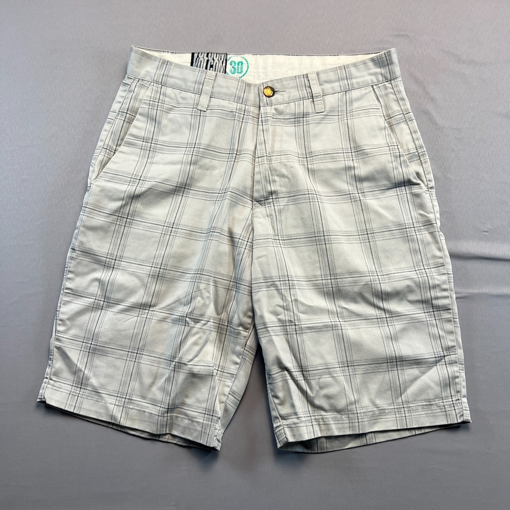 Volcom Chino Shorts Mens 30 Gray Plaid Cotton Slash Pockets Low Rise Wide Leg